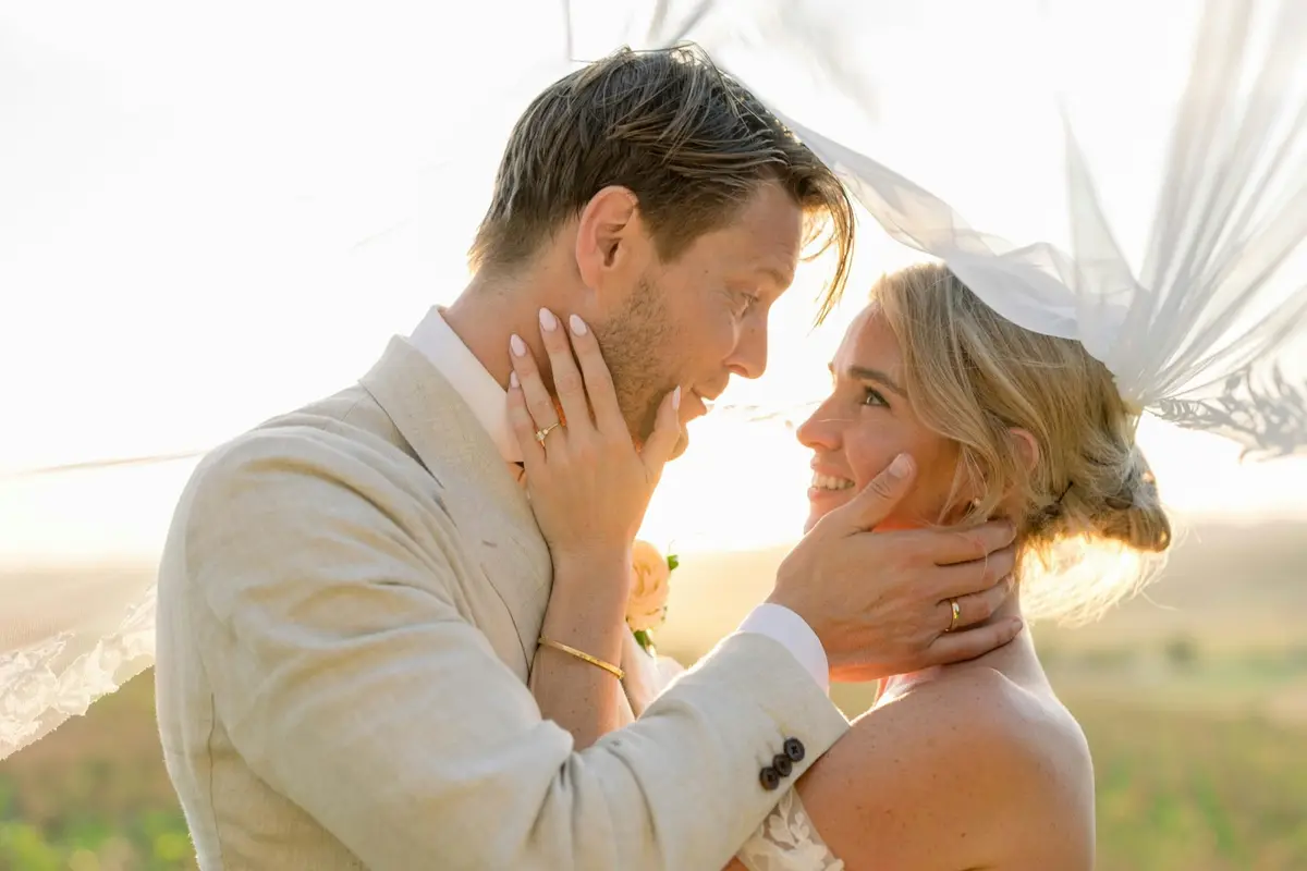 A close-up of a couple touching foreheads
